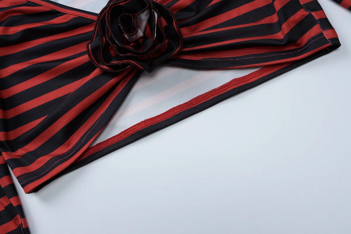 Autumn Striped 2 Piece-Set Skirt Women's Floral V-Neck Fashion Cropped Top And Sexy Skirt Outfits Tracksuit Female Sets