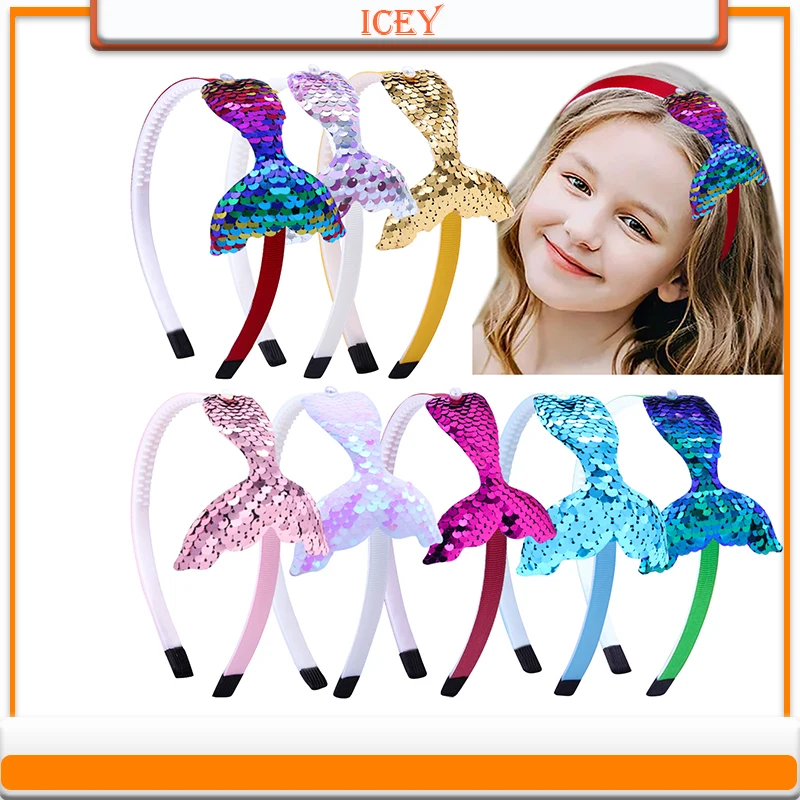 1pc Sequins Mermaid Reversible Headbands For Girls Rainbow Imitation Pearls Hair Bands Party Supplies Hair Accessories