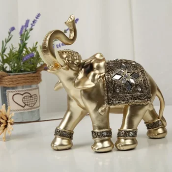 Statue d'éléphant en résine dorée, Feng Shui, élégante sculpture de tronc d'éléphant, figurine de richesse chanceuse, ornements d'artisanat pour la décoration intérieure 1