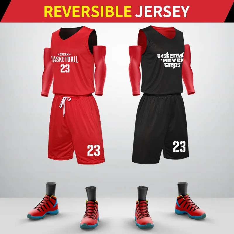 Youth Basketball Jersey Sets Mens Breathable Polyester Mesh Fabric Reversible Basketball Uniform Shirts 5101
