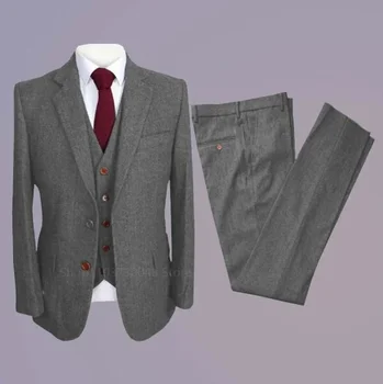 3 pezzi abiti da sposa maschili (giacca + gilet + pantaloni) abito grigio a spina di pesce per uomo Slim Fit formale smoking da sposo in lana Tweed inverno 1