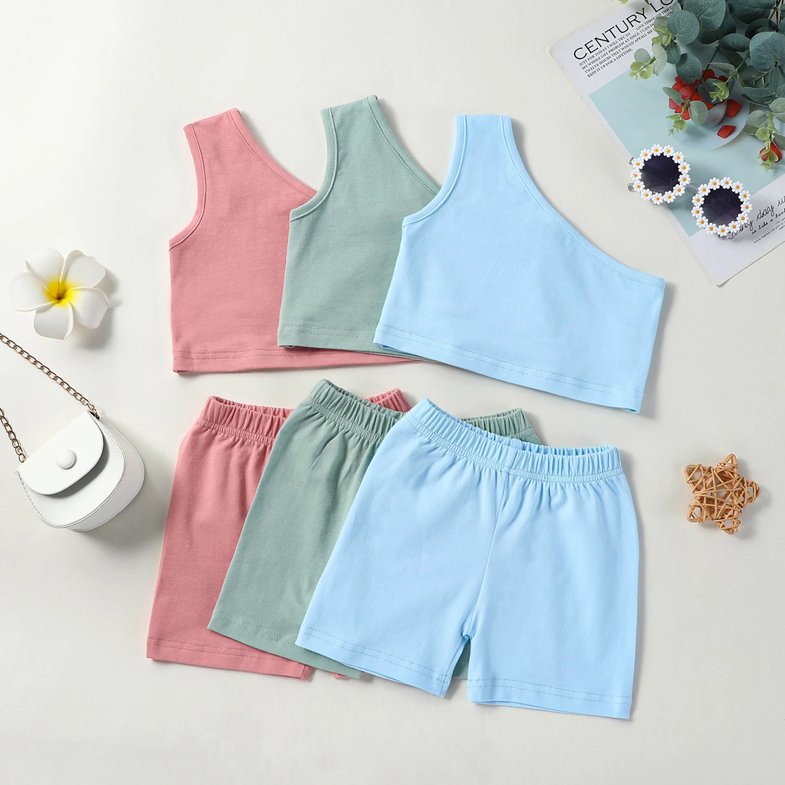 New Fashion 2PCS Baby Girls Summer Outfits One Shoulder Sleeveless Tank Tops + Shorts Set Toddler Clothes 6 Months-4 Years