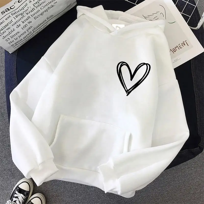 2023 Autumn Winter New Heart Print Women Sweatshirt Soft Casual Loose Vintage Female Hoodies Warm Fleece Student Y2k Tops