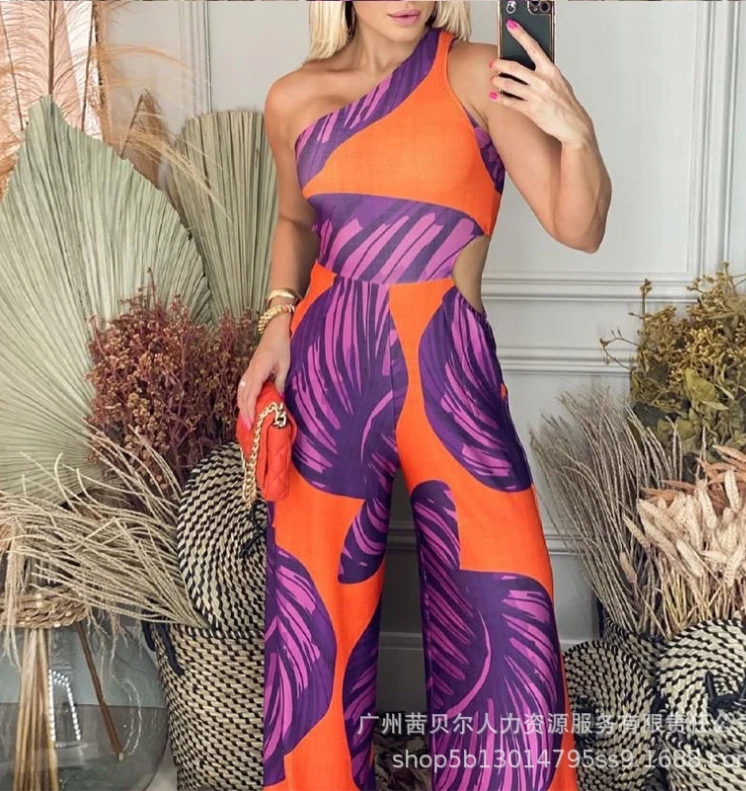 

Женский комбинезон на одно плечо, слитный боди, Новинка лета 2024, повседневный модный элегантный комбинезон с принтом оранжевых листьев