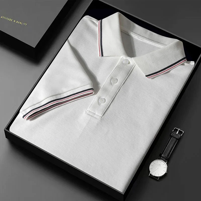 Men's Spring Summer Collared Polo Shirt Short Sleeve Pure Color Striped Buttoned Business Casual White Top for Fashionable Men 7 S049a6e9ea6a24902a348406e623dc8cdn
