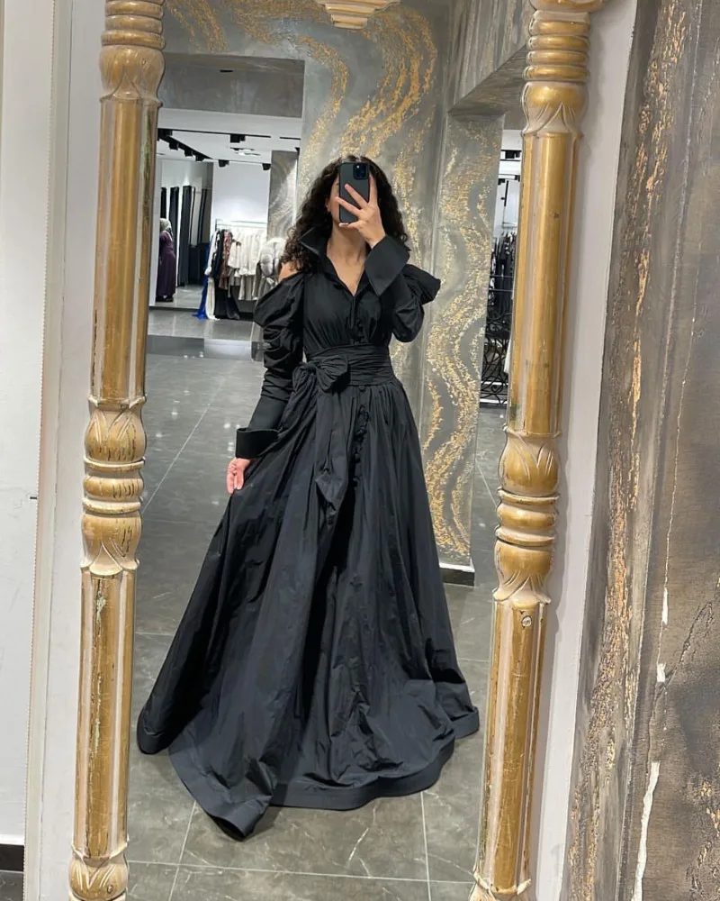 

Merida Off Shoulder Formal Dresses Black Sash A-Line Floor-Length Long Sleeves Customizable Elegant Party Dresses For Women 2023