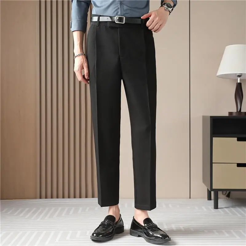 Summer Belt Decoration Casual Pants Men Ankle Length Business Suit Pant Elastic Waistline Straight Trousers Costume Homme