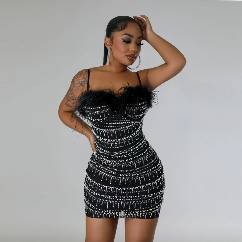 

Feather Rhinestone Short Dress Spaghetti Strap Sleeveless Womens Dresses One Piece Ladies Birthday Outfits Sexy Clothes For Wome