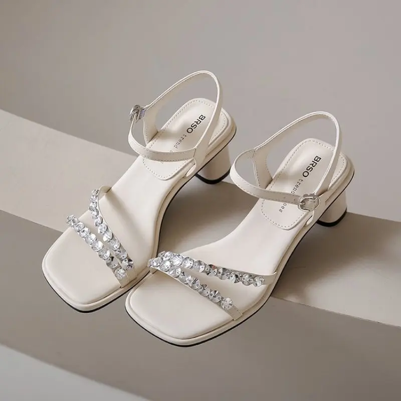 Women's Sandals 2024 Summer New White PU Square Toe Crystal Strap Buckle High Heels Acrylic Stiletto Fashion Party Women Shoes