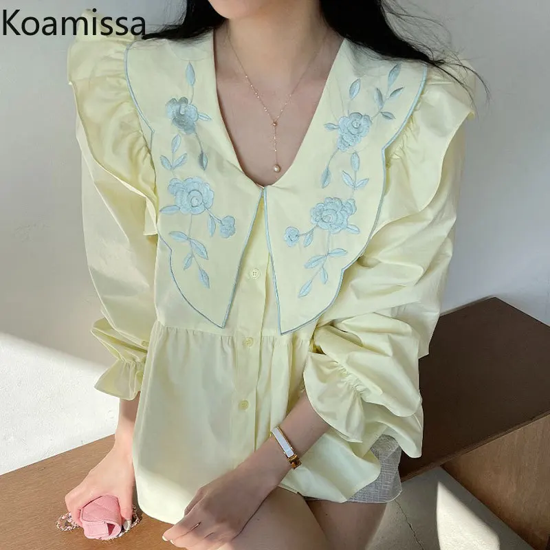 

Koamissa Women Fashion Korean Chic Shirt Spring Flower Embroidery Shirts Long Sleeves Sweet Lady Loose Blouse 2022 White Blsuas