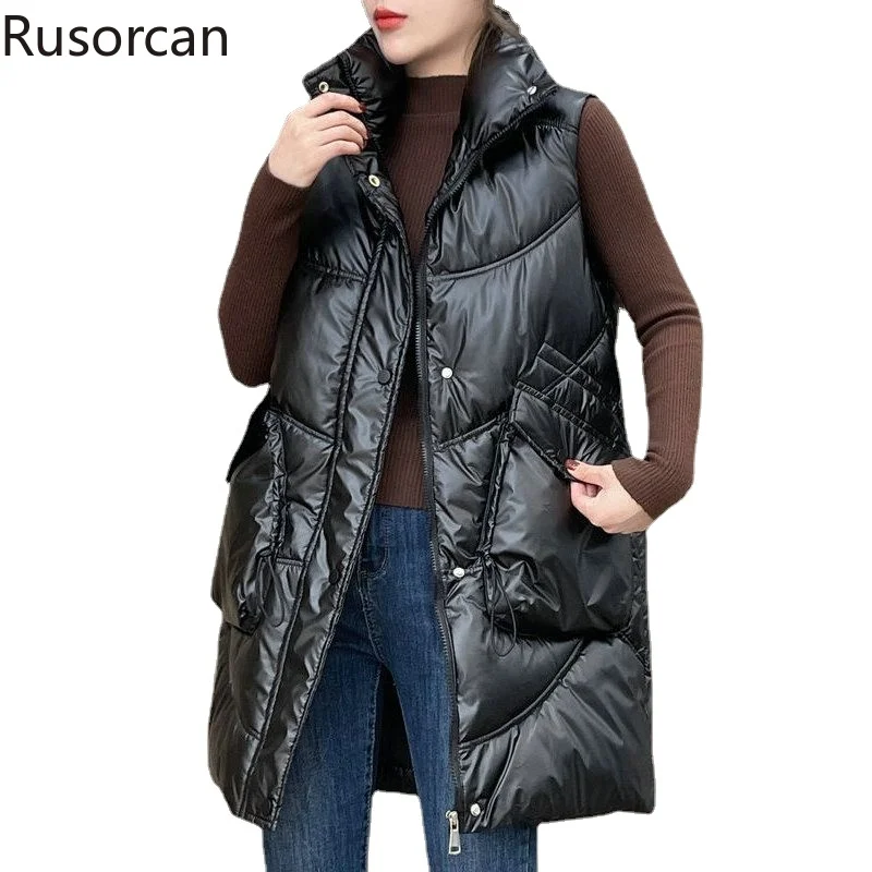 

Loose and Glossy Down Cotton Vest for Women in Autumn/winter New Mid Length Large Pocket Stand Up Collar Zippered Jacket Vest