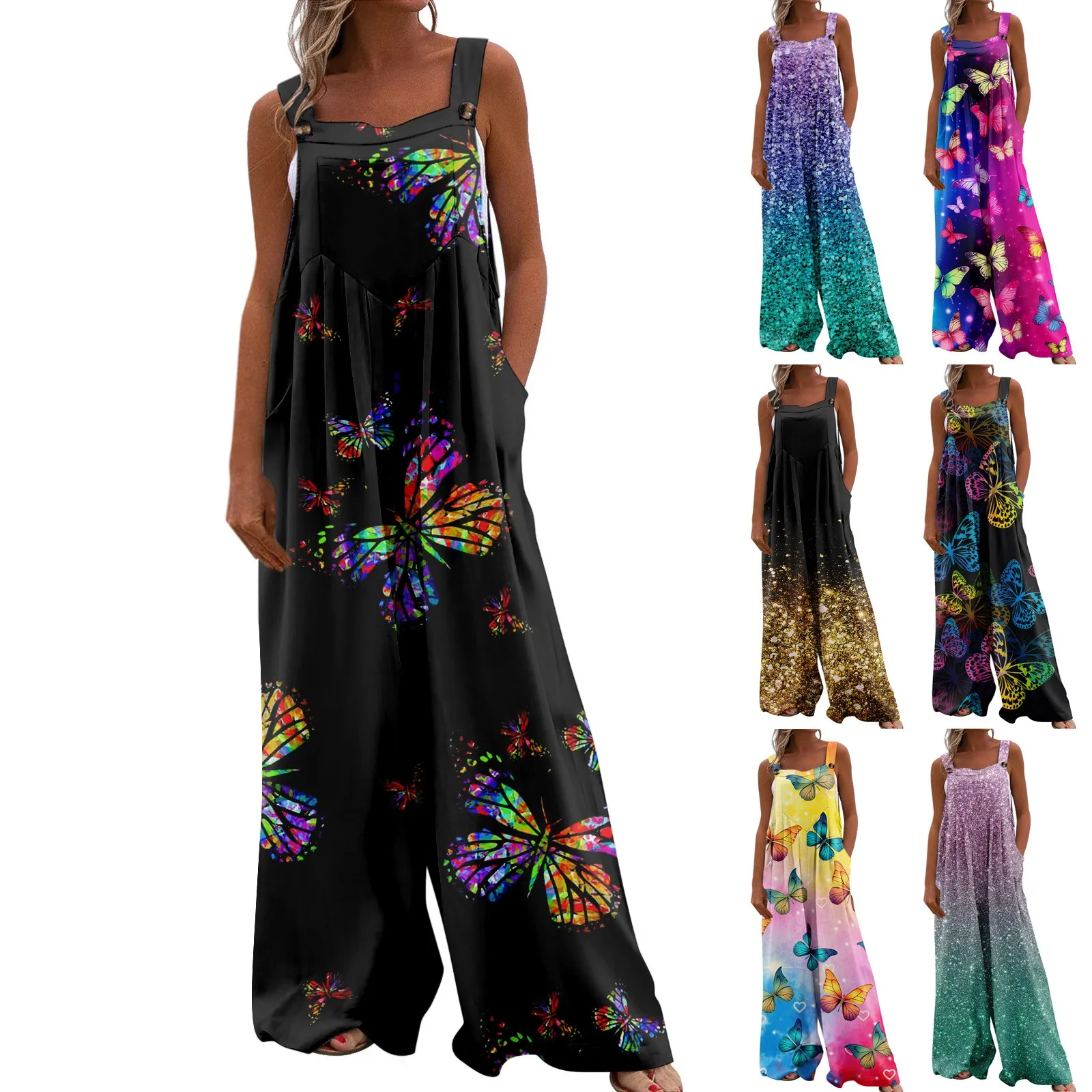 

Womens Overalls Casual Print Wide Leg Jumpsuits Sleeveless Straps With Pockets Fashion Temperament Jumpsuits monos largos