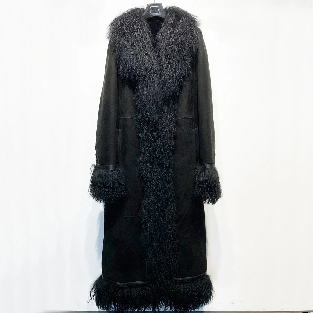 Shearling Long With Mongolia Fur Coat and Trim women lamb fur shearling Cloth Female Suede Leather Top