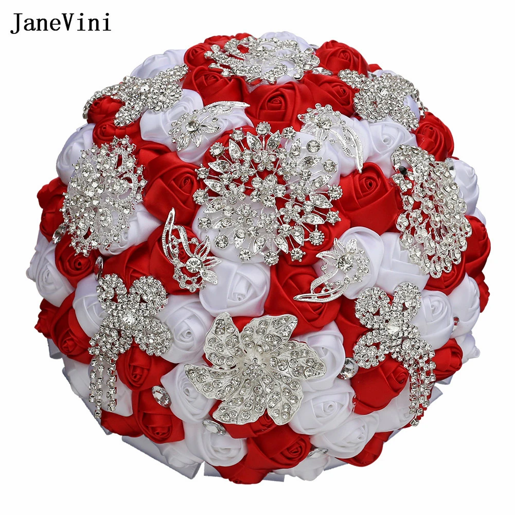 

JaneVini 2024 Luxury Rhinestone Jewelry Bridal Bouquets Sparkly Crystal Artificial Satin Roses Bride Bouquet Wedding Accessories