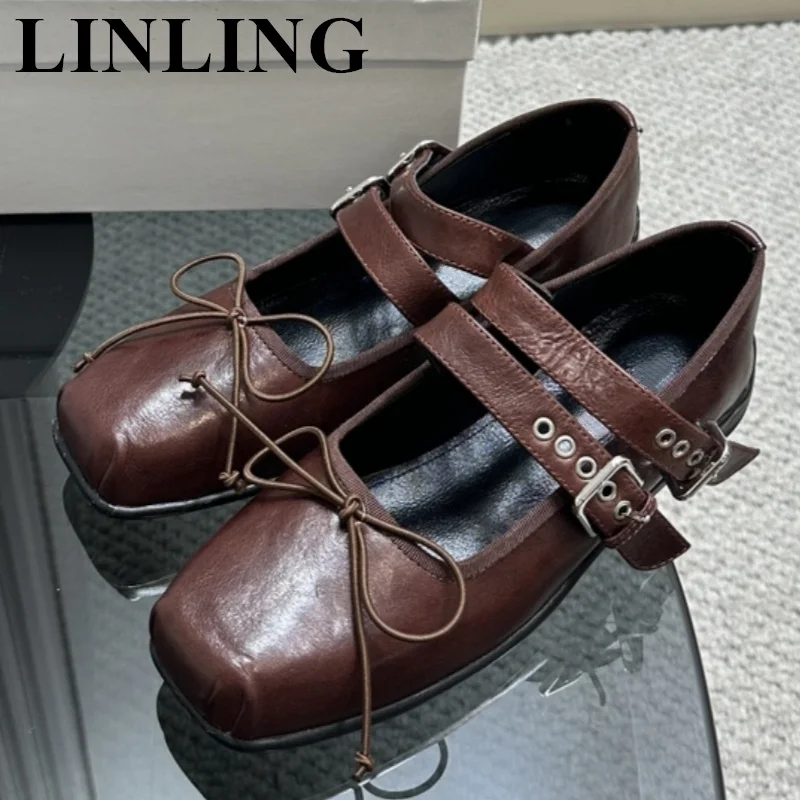 

2023 Luxury Bowtie Flat Women Square Toe Genuine Leather Flats Ballets Femmes Buckle Strap Mary Janes Party Bridal Wedding Shoes
