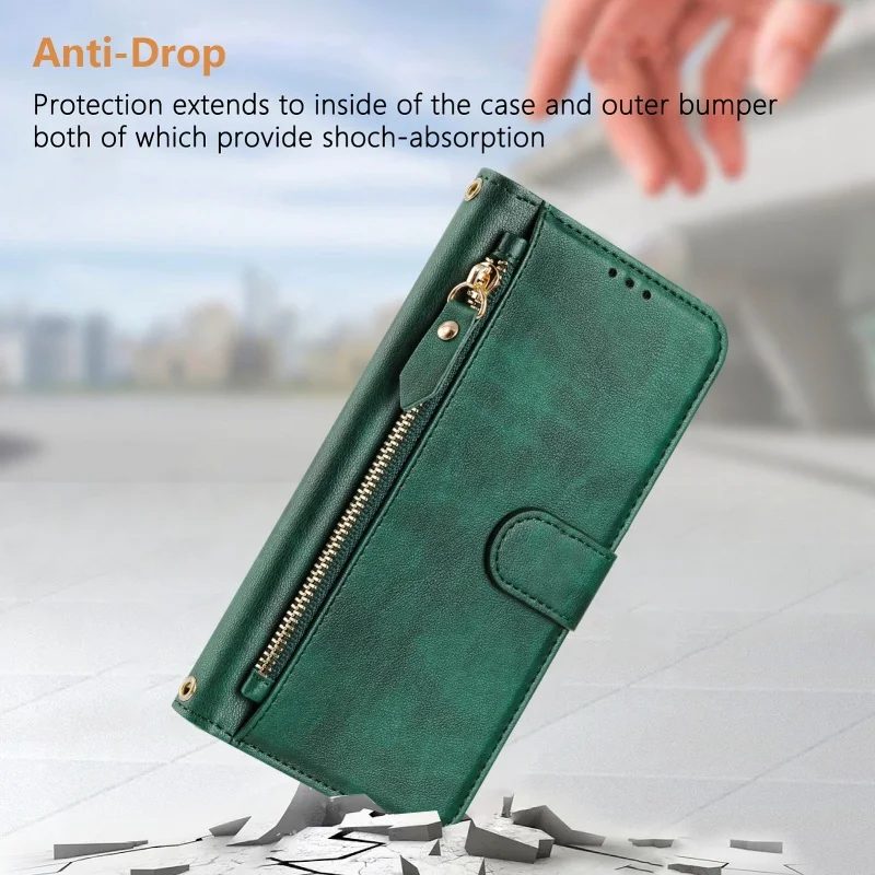 Zipper Wrist Strap Leather Wallet Phone Case with Card Holder and Stylish Back Cover