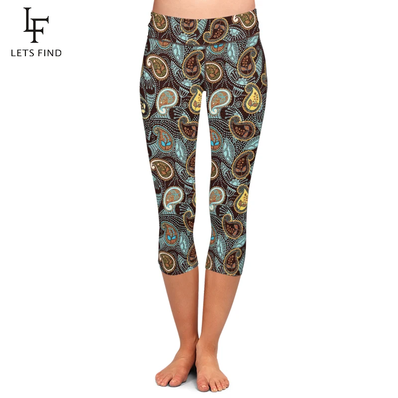 

LETSFIND Women Capri Leggings Fashion 3D Cashew Flowers Print High Waist Elegant Fitness Leggings Summer New