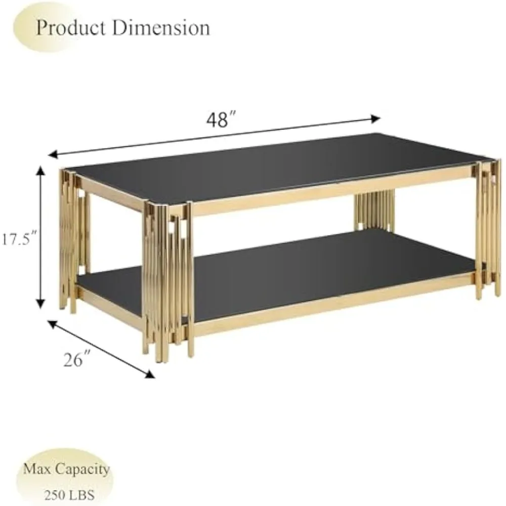 48" Modern Luxury Coffee Table with Black Tempered Glass Top, Coffee Table 2