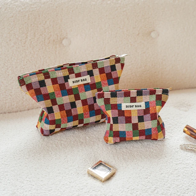 Colorful Checkered Women's Makeup Bag Large Capacity Makeup Lipstick Storage Bag Portable Travel Toiletry Bag Commuter Clutch