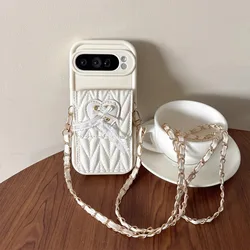 Quilted PU Leather Crossbody Phone Case with Ribbon Bow and Card Holder Wallet - Google Pixel 8 Pro (White)