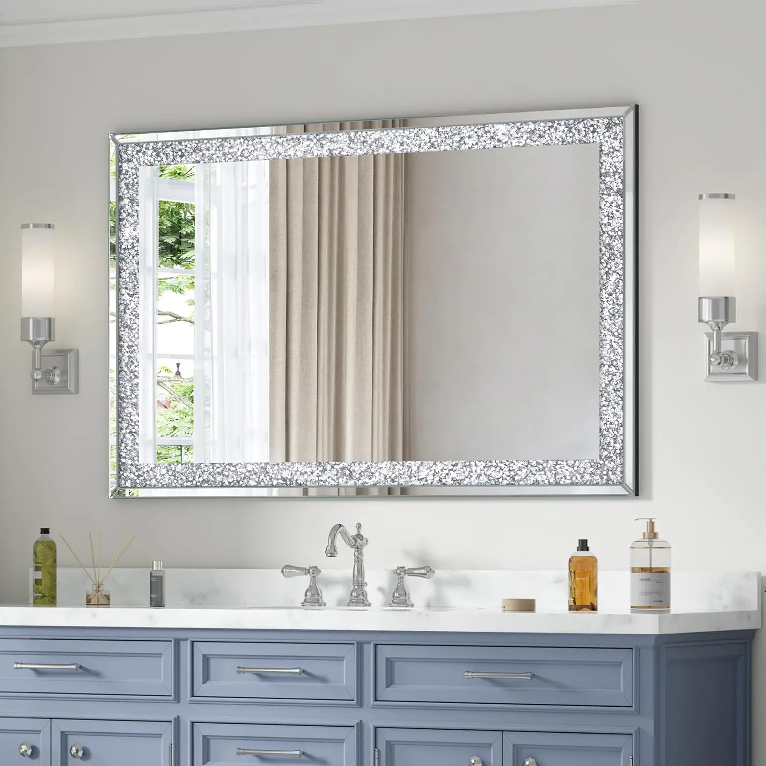 

Crystal Crush Diamond Mirror-46.5"x31" Silver Mirror, Gorgeous Wall Mirror, Rectangle Mirrors for Wall Bathroom, Bedroom,