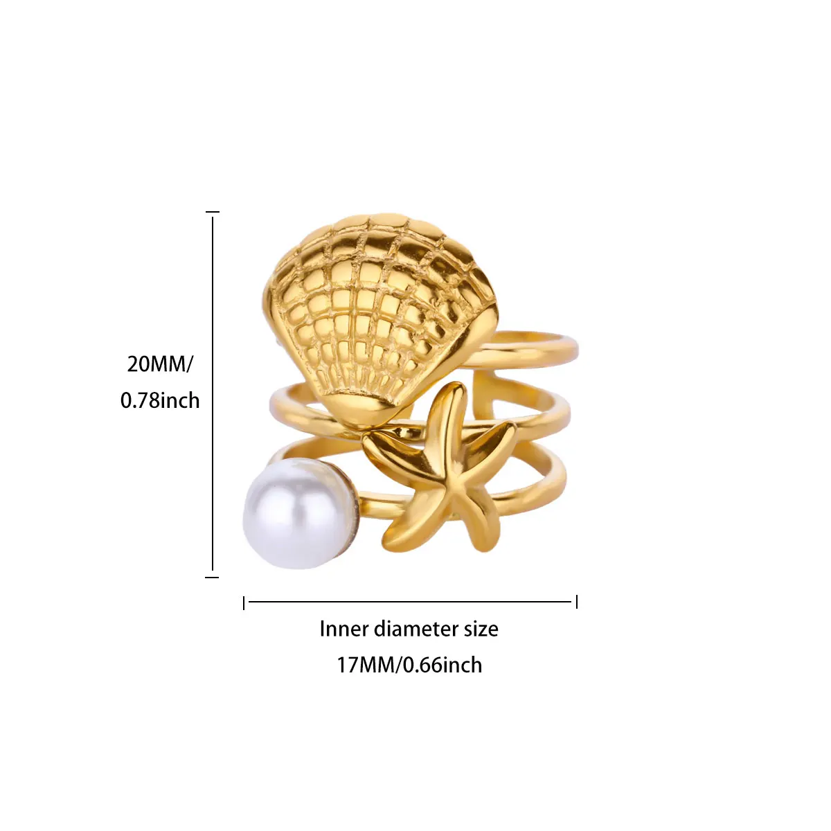 Starfish Shell Pearl Rings For Women Gold Color Stainless Steel Adjustable Ring
