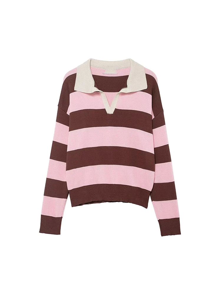 Women Striped Long-sleeved Sweater Fashion Polo Collar Loose Pullover Tops Casual Spring Autumn Ladies Long Sleeve Sweater