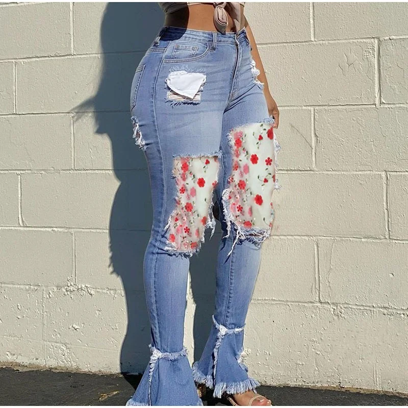 Multicolor Flower Embroidery Mesh Sheer Boho Patchwork Denim Joggers Women Spring Stretchy Ripped Skinny Flare Jeans Bell Bottom kbq streewear spliced mesh flare jeans