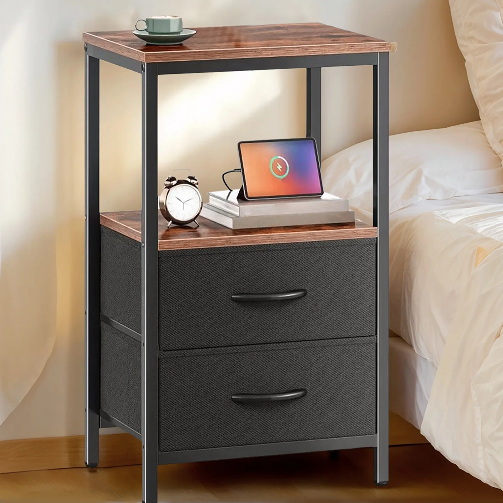 Nightstand Bedside Table Night Stand for Bedroom MDF Carbon Steel Bedside Table with 2 Drawers for Living Room Dorm