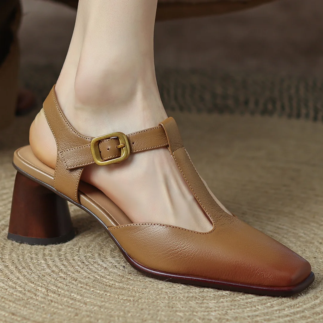 Plus size 34-42 women's sheepskin square toe t-strap pumps 6cm round med heel slingback elegant ladies sandals heeled shoes sale