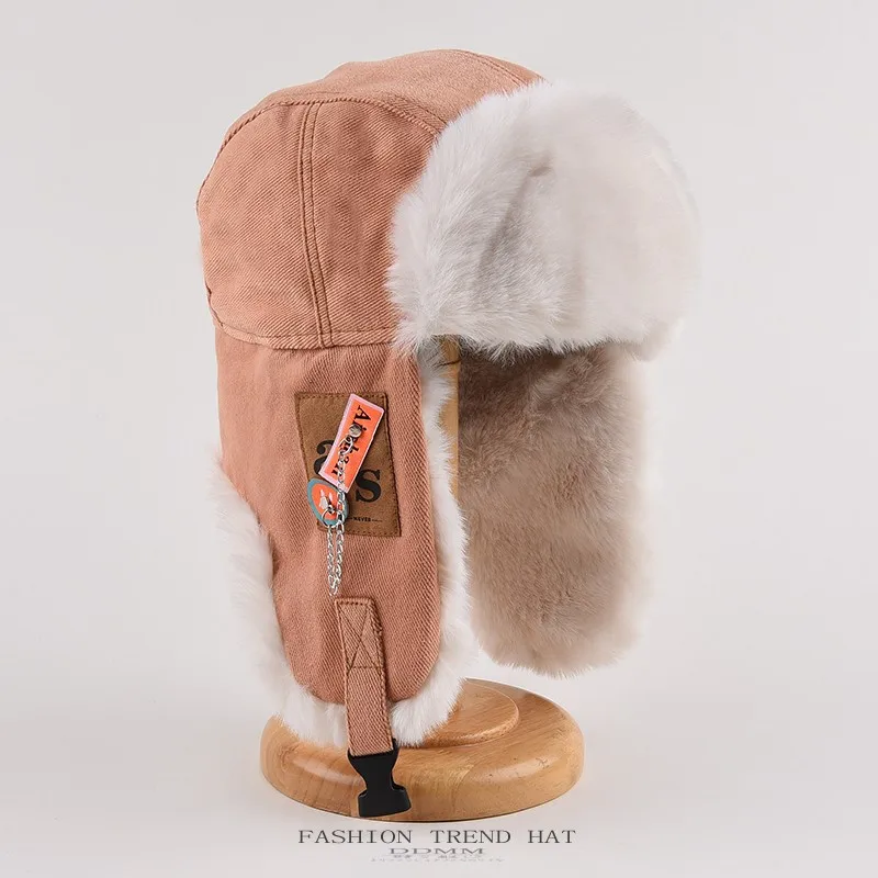 Winter Outdoor Men Russian Pilot Hat Women's Fashion Bomber Hat with Labeling Letter Cotton Faux Fur Soft Warm Trapper
