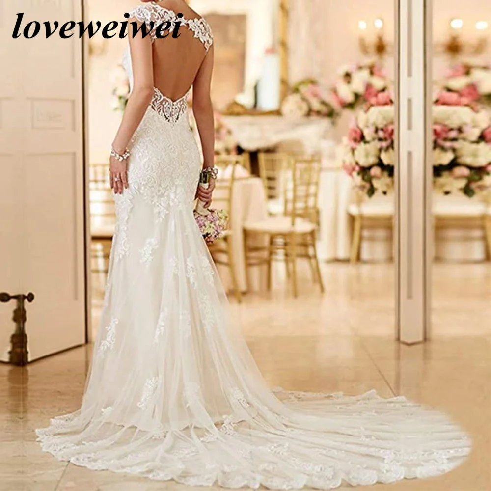 

Mermaid Wedding Dresses For Bride Long Lace Open Back Bridal Gowns With Train Bride Dress Cap Sleeve Robe De Mariée TL085