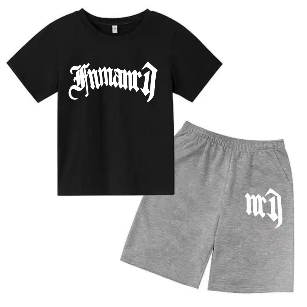 thumbnail image 1 of Ropa para niños con estampado de marca gótica, conjunto de camiseta y pantalones cortos de verano para adolescentes, 2 piezas, manga corta, moda informal para niños y niñas, 1 of 5