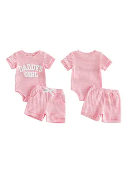 Adorable Toddler Girls Cotton Blend Romper Set with Cute Embroidered Letters Striped Short Sleeve Top and Elastic Waist