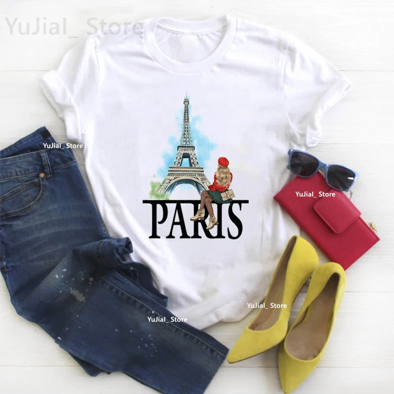 Aquarell Paris Eiffelturm Grafik druck T-Shirt Mädchen USA/Italien Reise T-Shirt Frauen Harajuku Shirt Sommer Mode T-Shirt