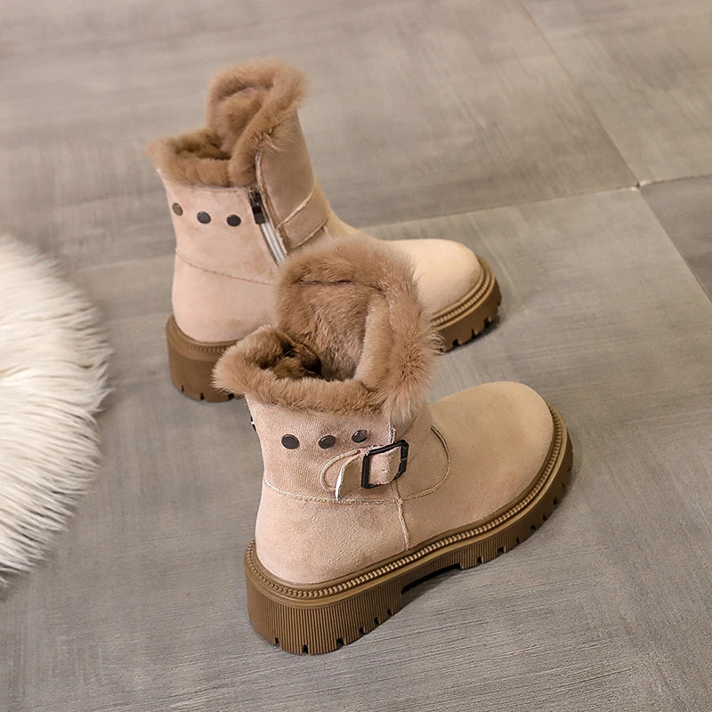 Aphixta Black Furry Modern Boots Buckle Design Ankle Boots Side Zipper Women Winter Boot 5cm Square Heel botas mujer botines