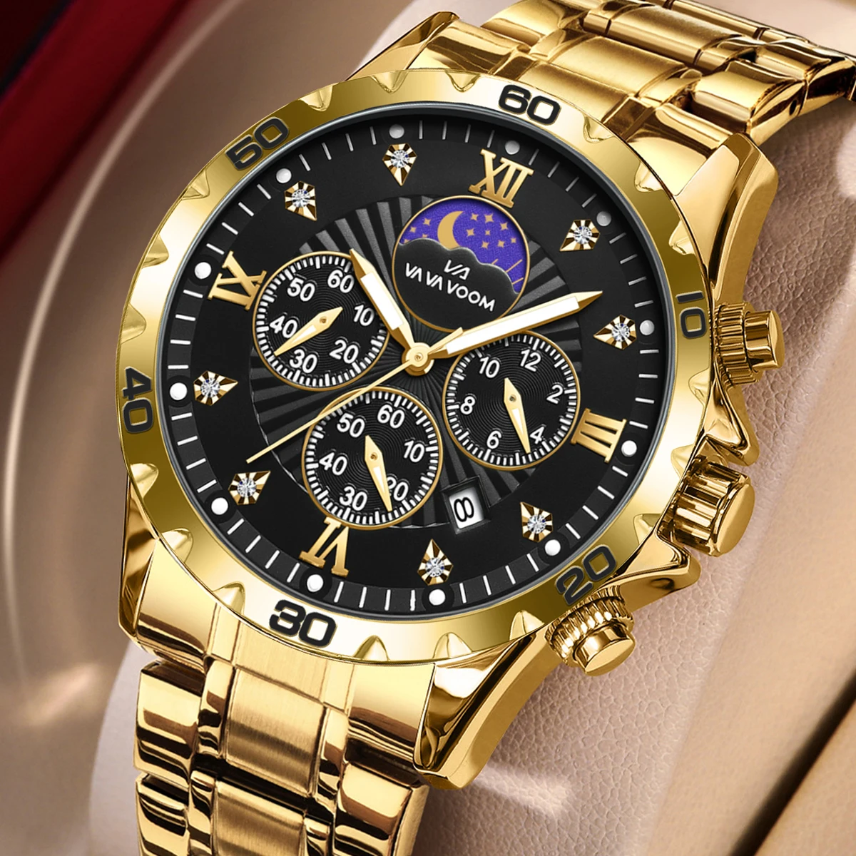 2024 New Mens Watch Gold Dial Multi functional Quartz Movement ...