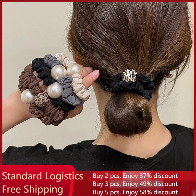 Elegant Artificial Pearls Hair Ties Summer Highly Elastic Non-Slip ponytail holder Leopard Print Hair Ropes For Women Thick Hair milk coffee series square buckle metal hair band women s new korean style fashion rubber band vintage ponytail highly elastic ha