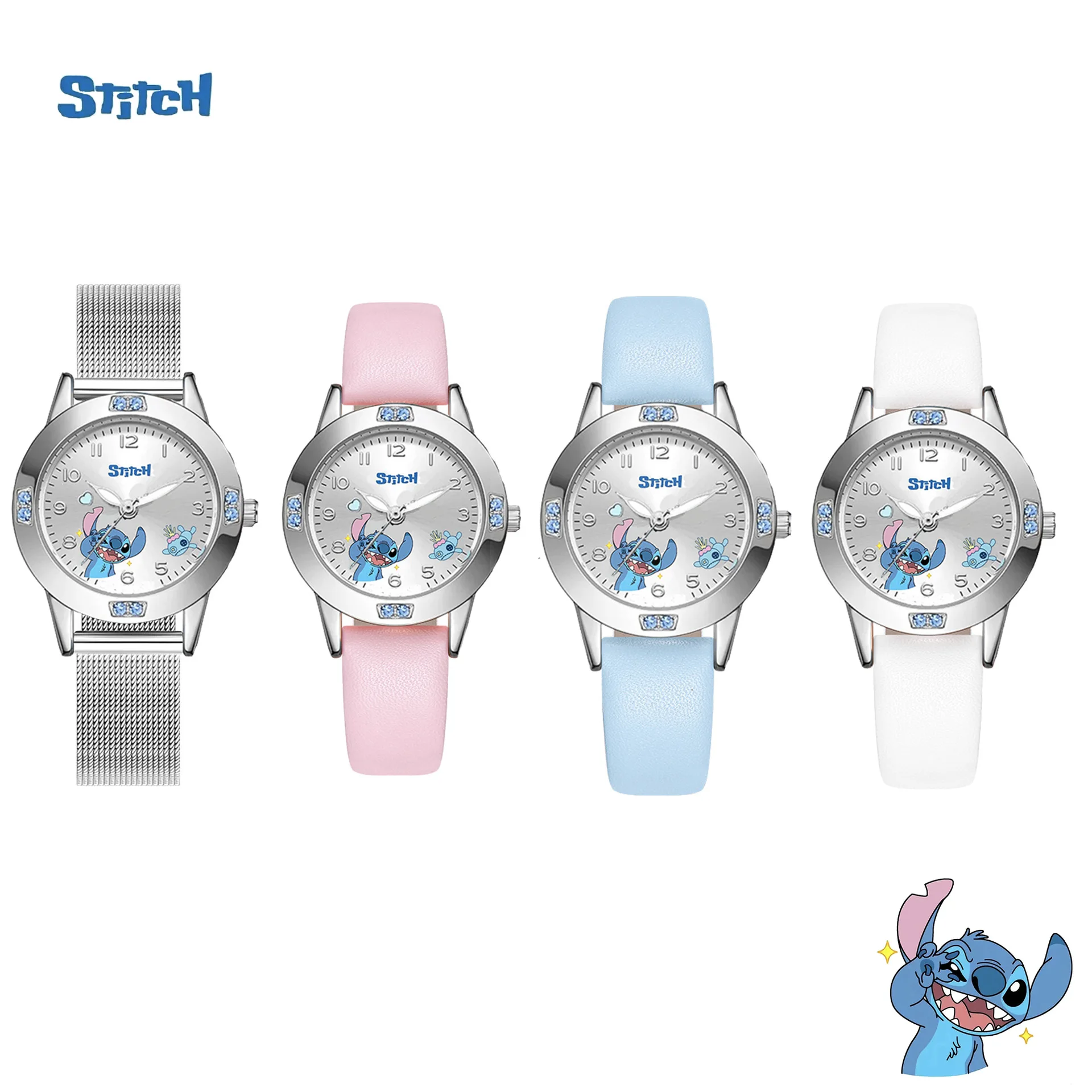 Disney Stitch Children's Watches Cartoon Dial with diamond Analog Quartz Watch PU strap Watches Boys Girls toys Birthday gifts 5