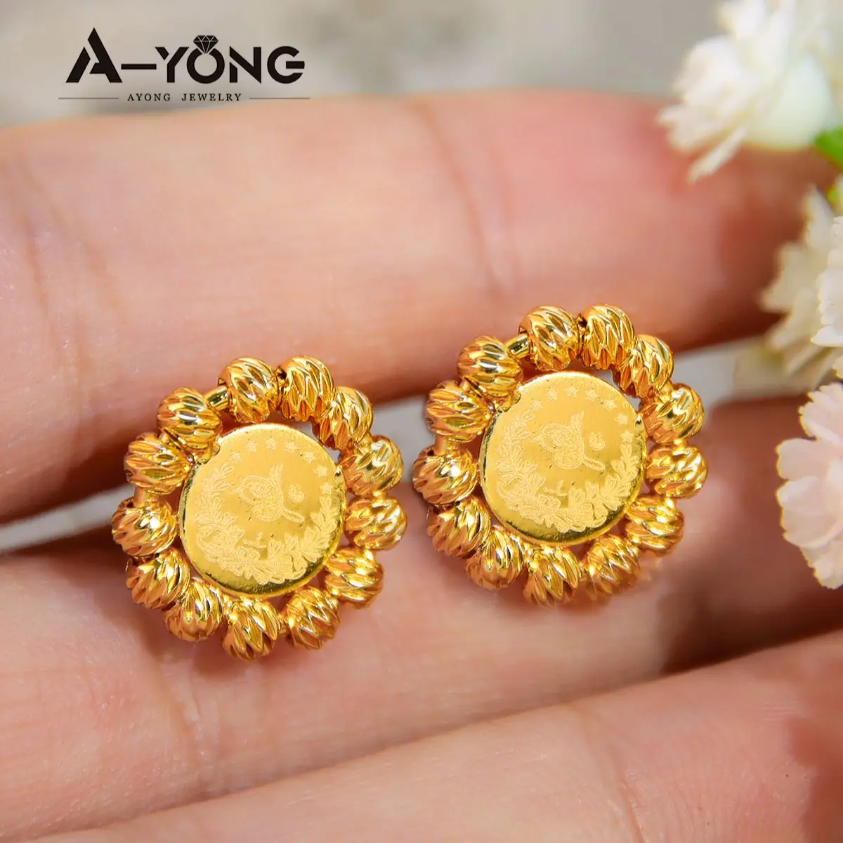 AYONG Turkish Coin Stud Earrings 18k Gold Plated Ear Nail Dubai