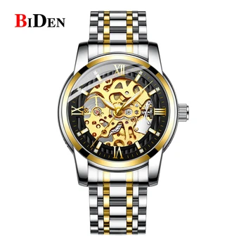 BIDEN Classic Mechanical Watch Luxury Diamond Dial Luminous Hands Gold Skeleton Automatic Men's Watch Stainless Steel StrapWatch