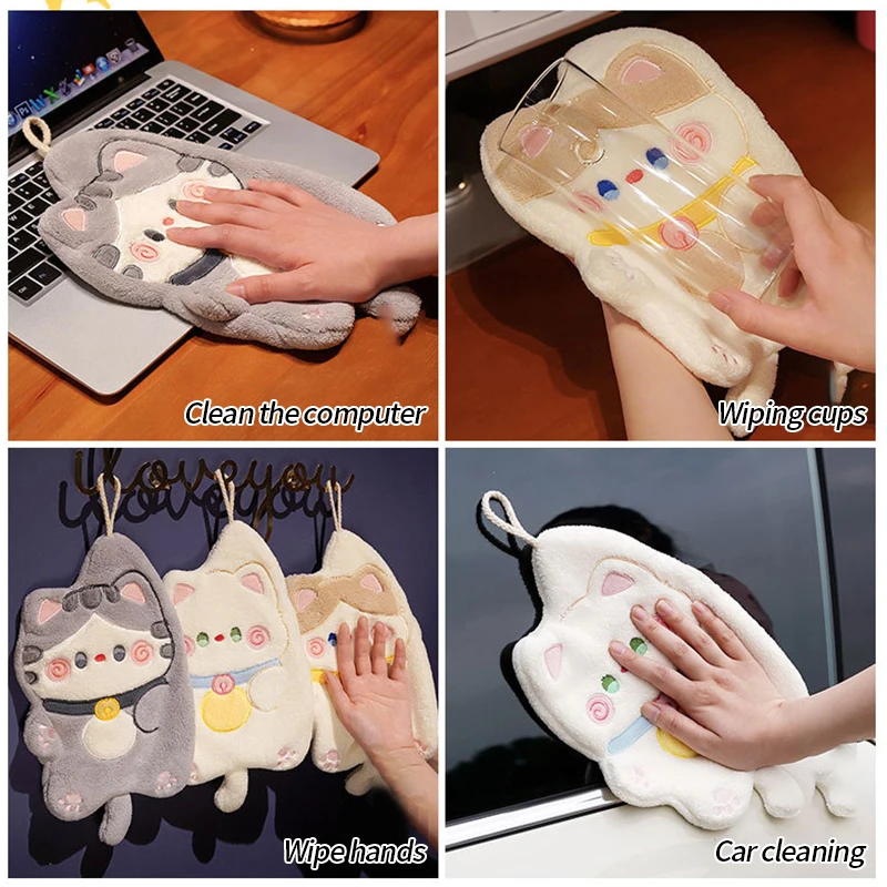 Description Picture 3 of itemCartoon Cat Hand Towel Kawaii Hand Wipe Cleaning Cloth for Kitchen Bathroom Hanging Towel Super Absorbent Handkerchief Clean Rag