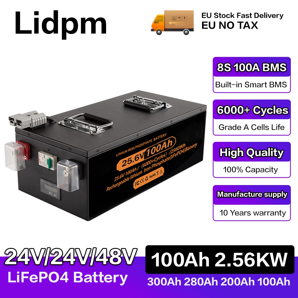 Lithium Battery LiFePO4 12V 24V 48v 100ah 200ah 280ah 400Ah 100A BMS 6000+ cyclic for Inverter Solar RV No Tax
