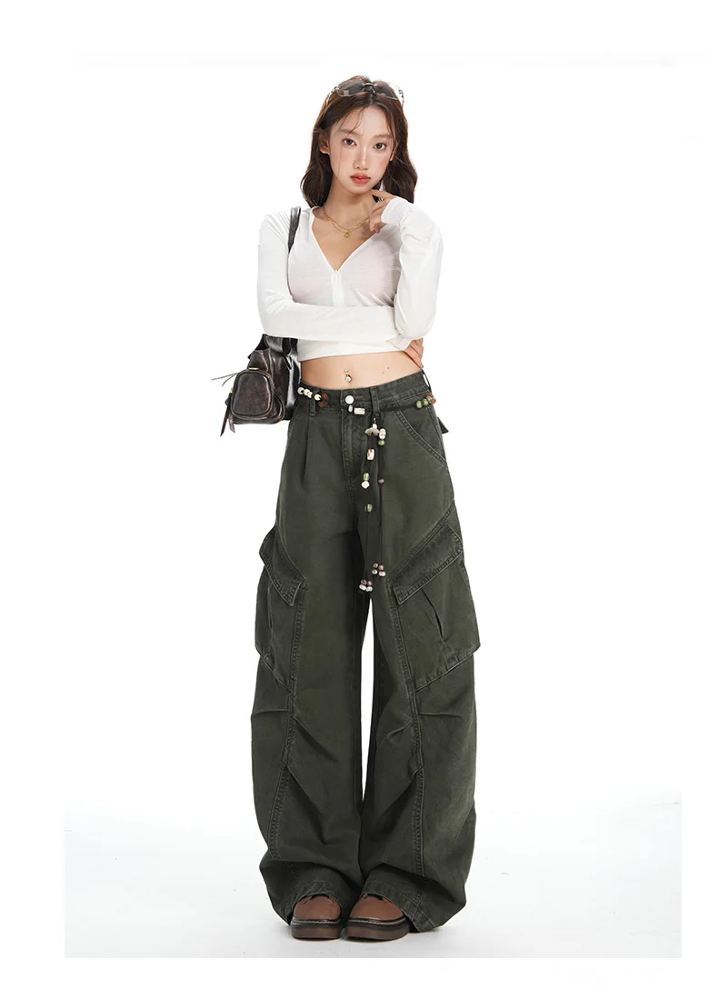 Retro Casual High Waisted Baggy Cargo Jeans Women Washed Distressed Wide Leg Pants Brown Denim Y2K Streetwear Vintage Trousers
