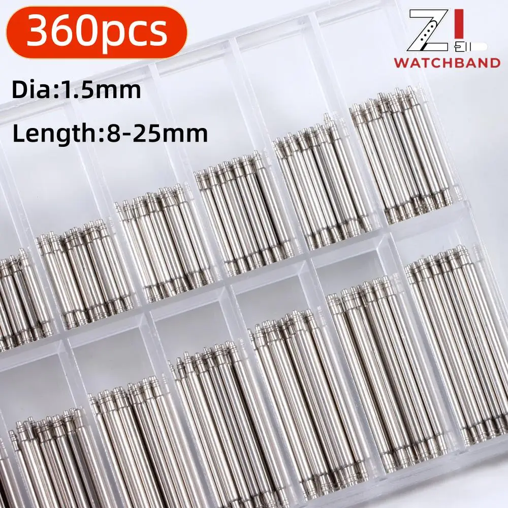 Stainless Steel Watch Strap Spring Bar Set - 360 Pieces (Assorted Sizes: 8mm-25mm)