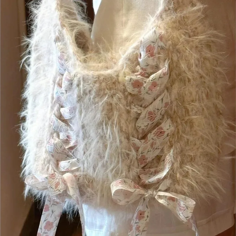 JIAERDI Fairycore Pink Shoulder Bags Women Sweet Lace Bow Chic Knitted Bag Female Vintage Cute Underarm Bag Handbag Aesthetic