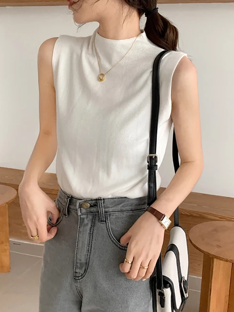 Sexy Knitted Top Summer Turtleneck Tank top Women camisole Blouse Sleeveless Slim Top Female sleveless t-shirt Vest Casual Camis white