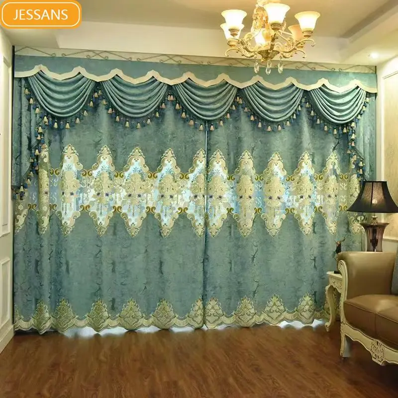 

Customized Embroidered Screen Green Chenille Cashmere Jacquard Curtains for Living Room Bedroom French Window Balcony Floating