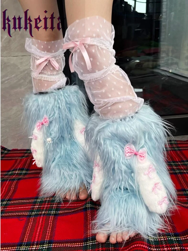 HarajukuY2kPinkBlueLongRabbitEarBowLegWarmerSocksJapanese