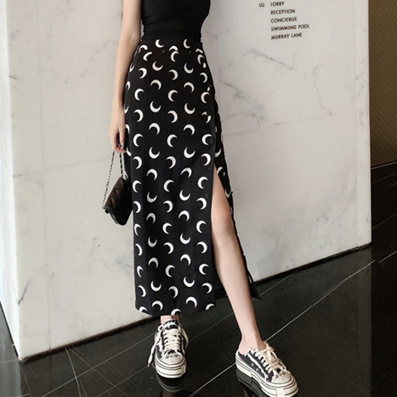 2022 New Korean Summer Harajuku Moon Pattern Black A-line Skirt Sexy Chiffon Slit Skirt Female High Waist Long Skirts Streetwear crop top with skirt